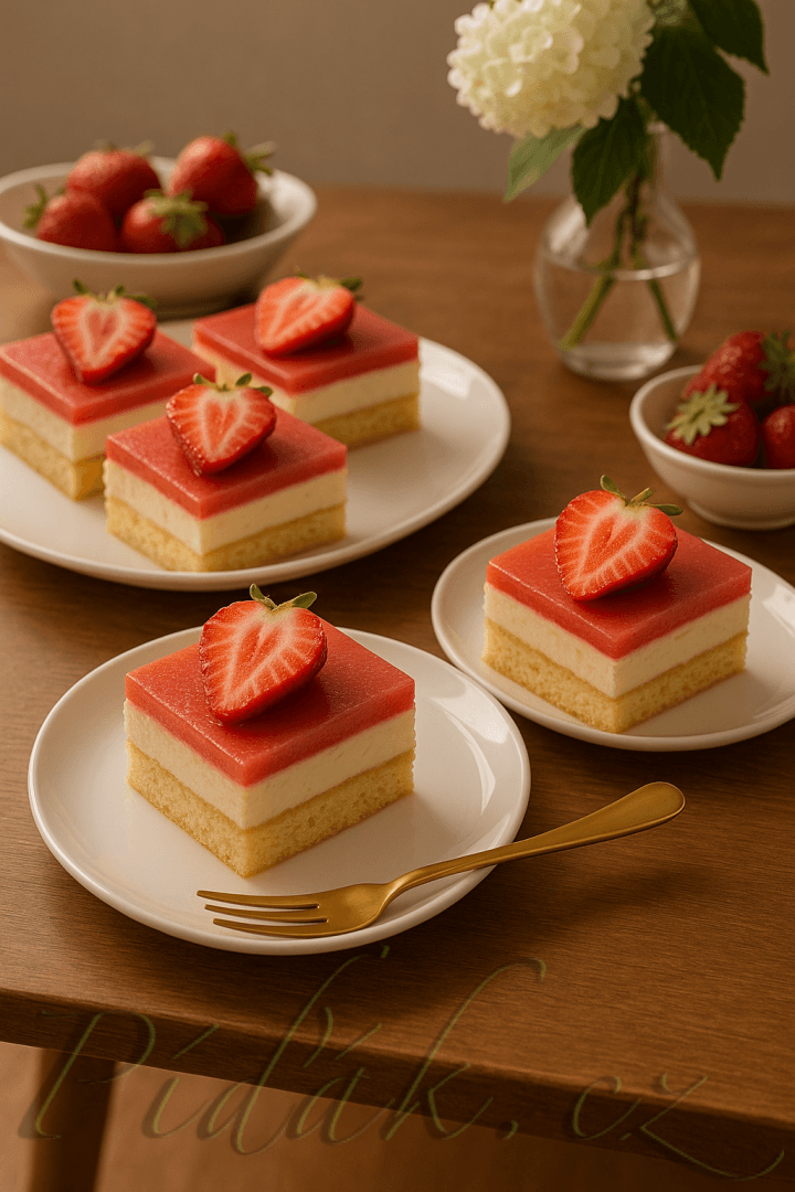 1. obrázek Jahodové řezy s tvarohovým krémem a ovocnou želé vrstvou 1. obrázek Jahodové řezy s tvarohovým krémem a ovocnou želé vrstvou